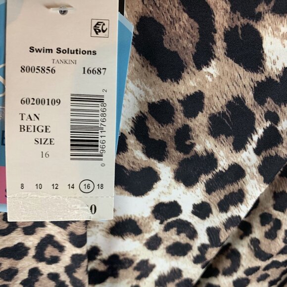 Swim Solutions Tankini Top Women 16 Tan Beige Leopard Pleat-Front Swimwear Beach - Picture 3 of 5